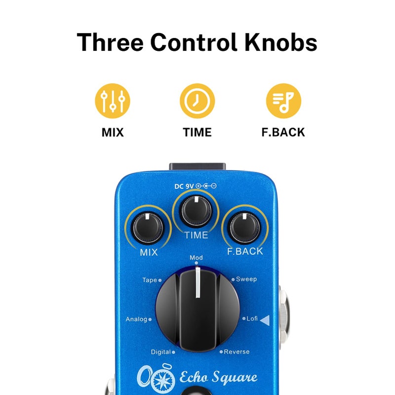 Donner Echo Square Delay Pedal - Digital 7-Modes Delay for Electric Guitar, Multi-Delay including Digital, Analog, Tape, Mod, Sweep, Lofi, Reverse - True Bypass - Image 3